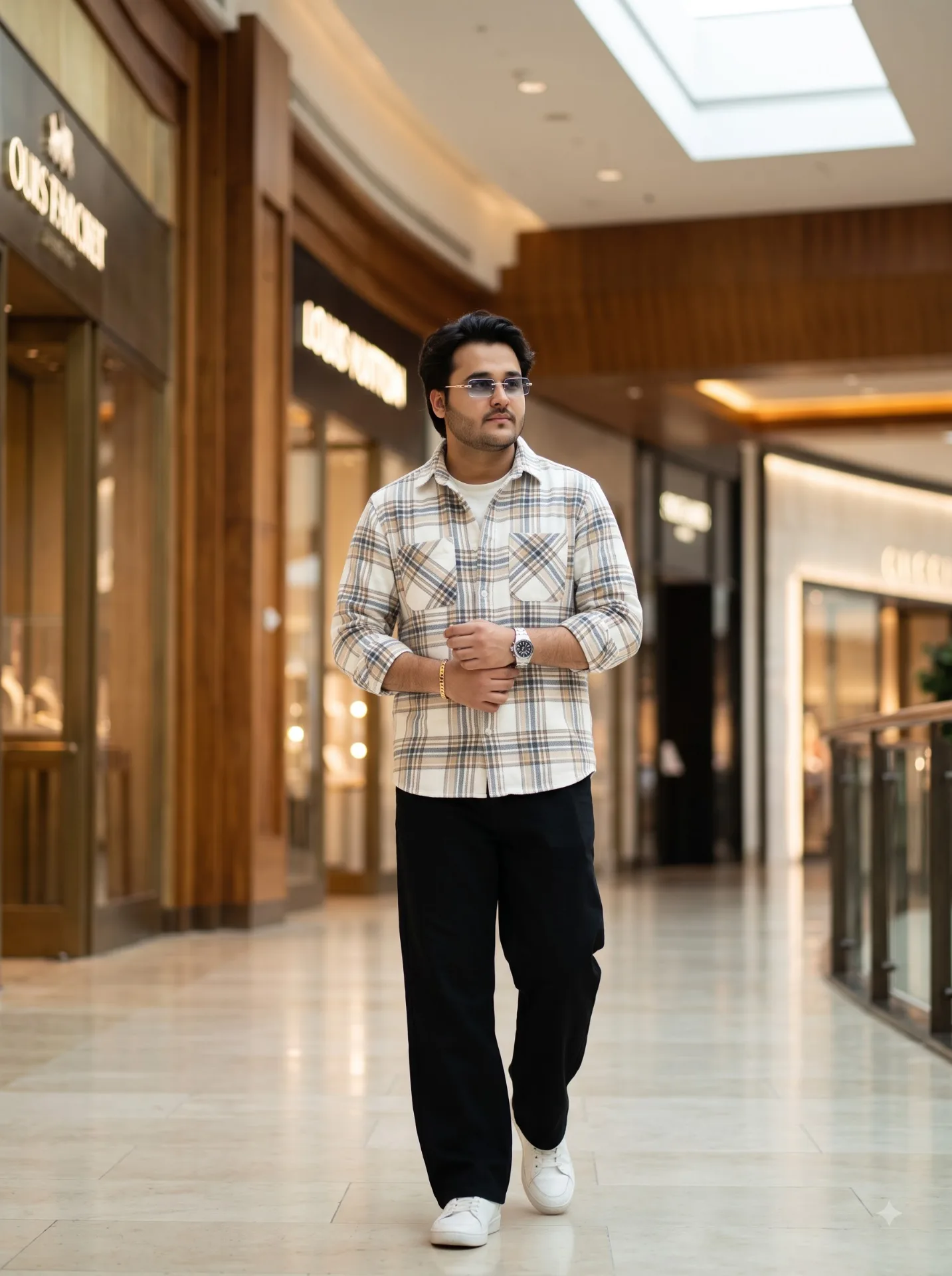 A high-angle medium shot of a stylish young South Asian man walking on a modern indoor inside a warm, upscale shopping mall.