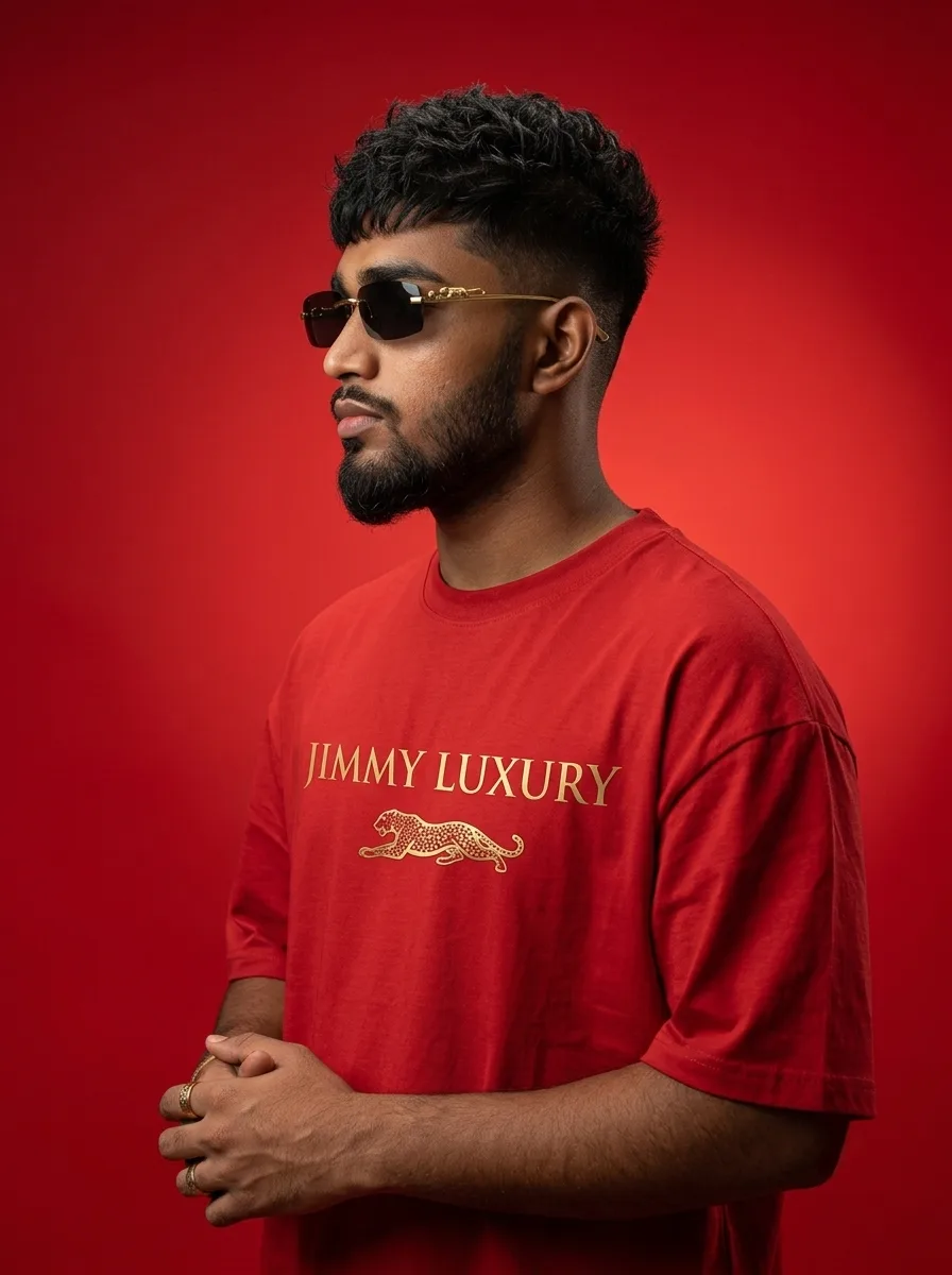 Photorealistic medium close-up studio portrait of the exact same young South Asian man from the reference image, preserving maximum facial