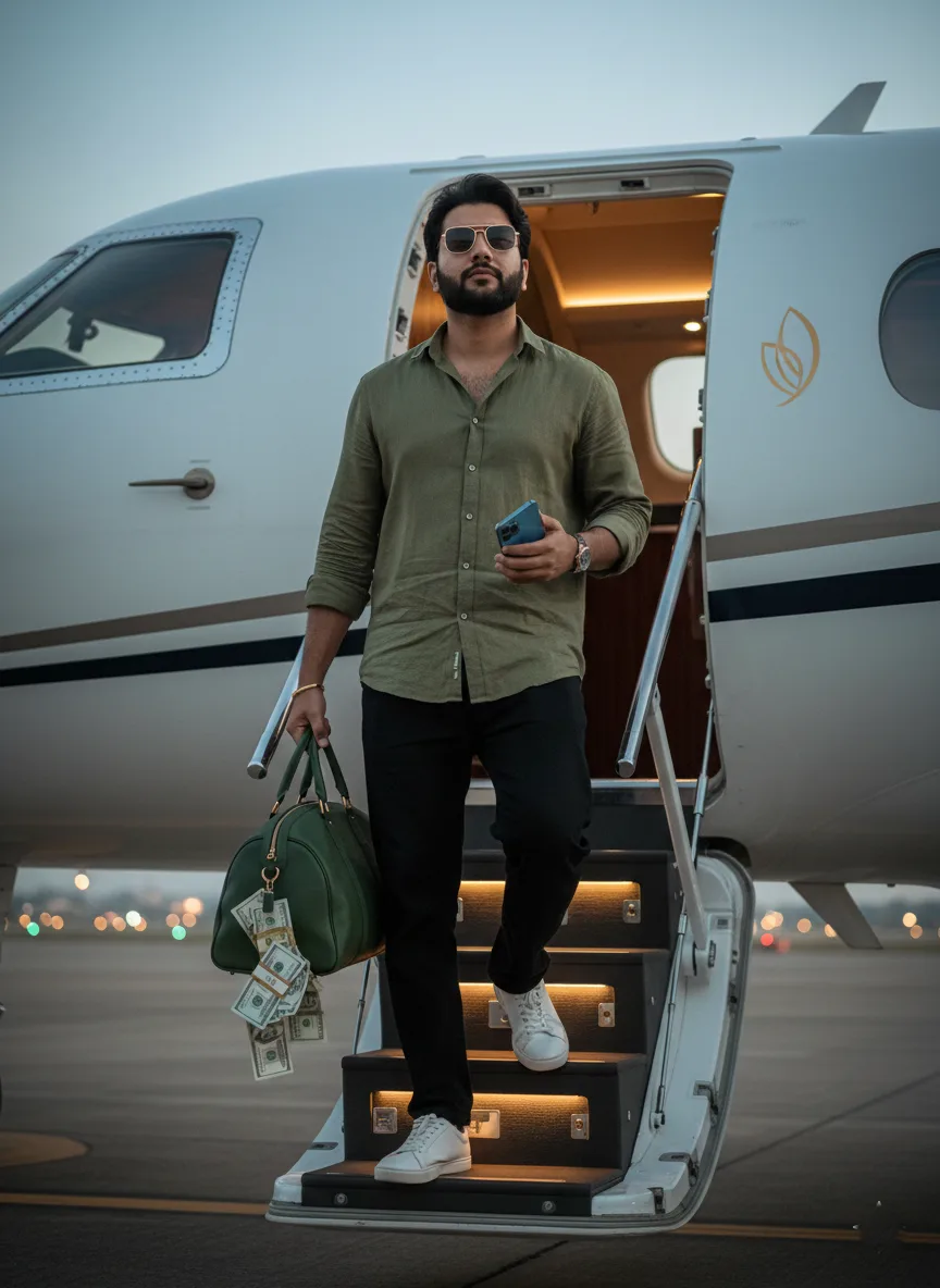 A realistic cinematic full-body portrait of the same slim-fit skinny man from the uploaded photo (photo attached, same face, same attire),