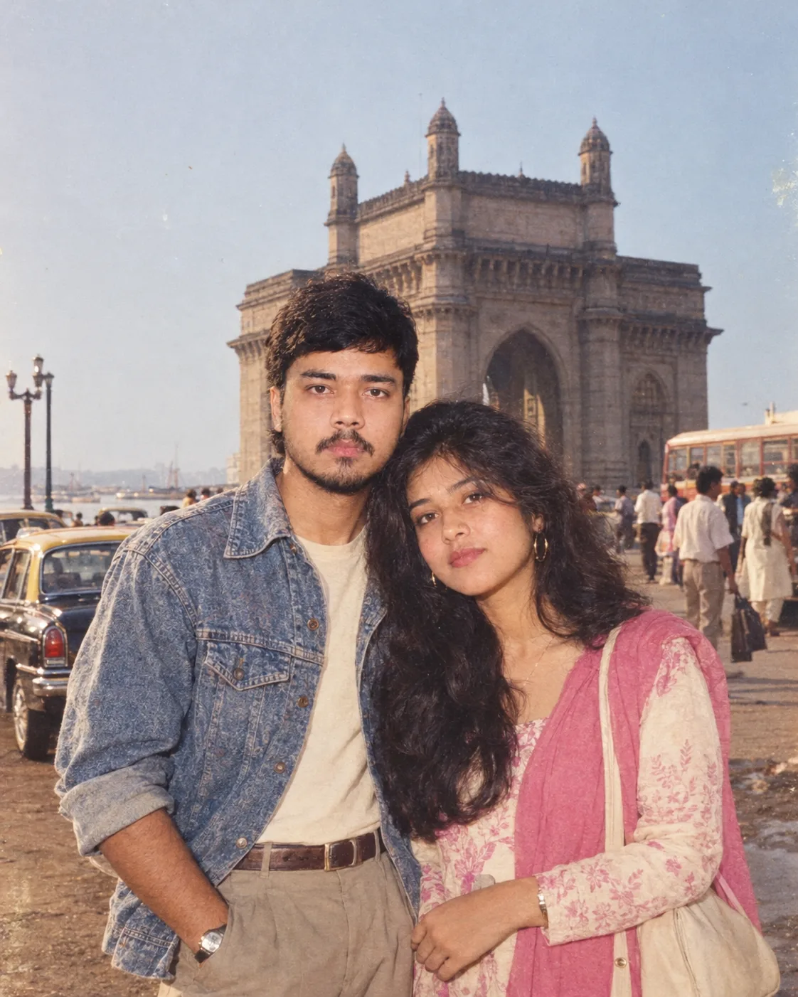 AUTHENTIC 1980s MUMBAI COUPLE PHOTOGRAPH - GATEWAY OF INDIA: 4:5 vertical portrait of a genuinely photographed Indian couple standing