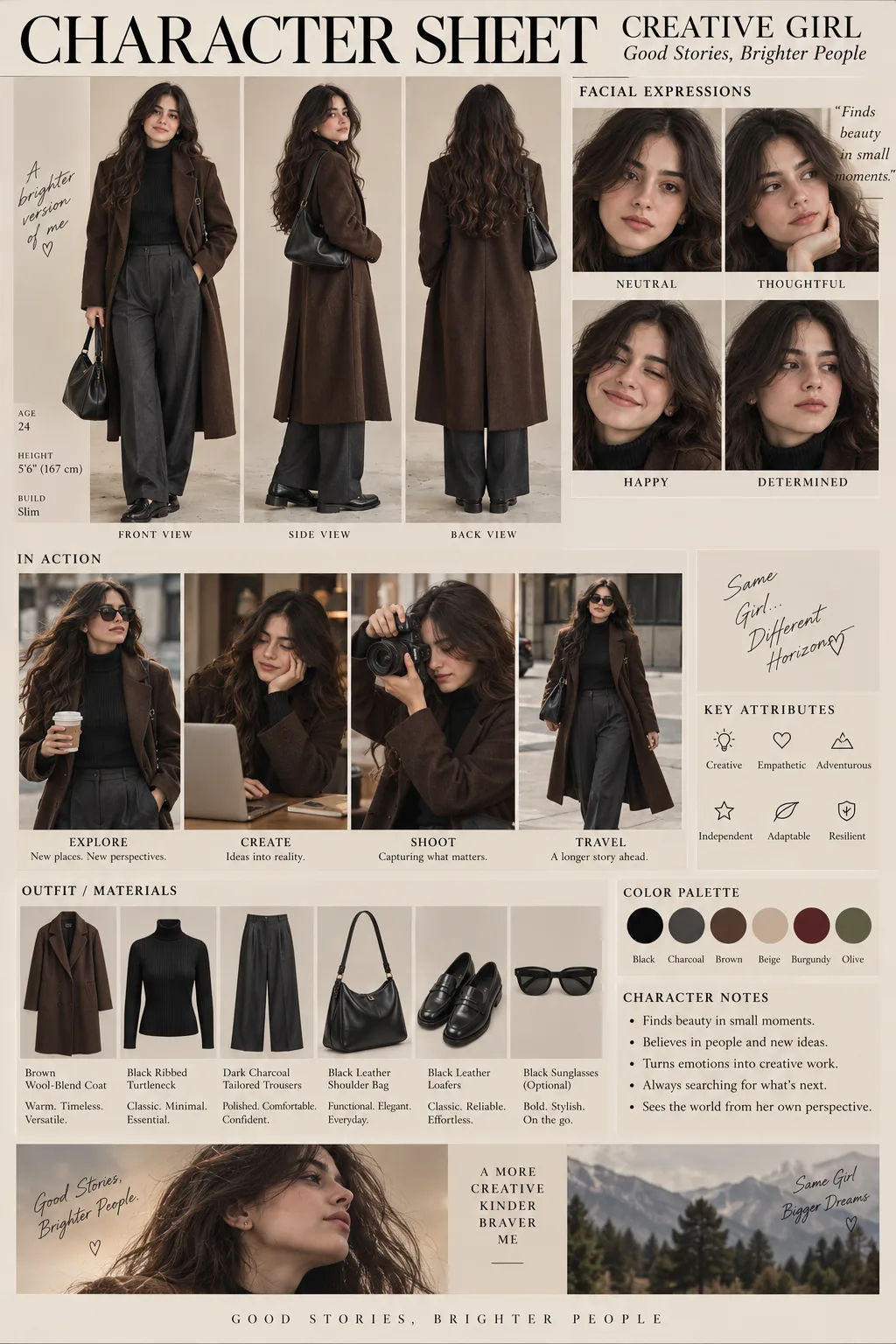 Create a premium editorial-style CHARACTER REFERENCE SHEET using the uploaded photo as the PRIMARY FACE REFERENCE.