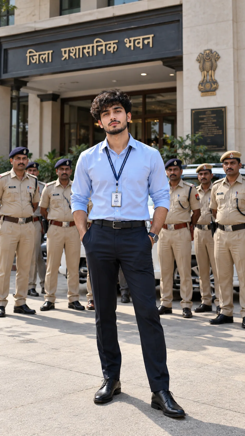 Ultra realistic full body photograph of a young man dressed as an IAS officer standing confidently during daytime, shot on a real DSLR