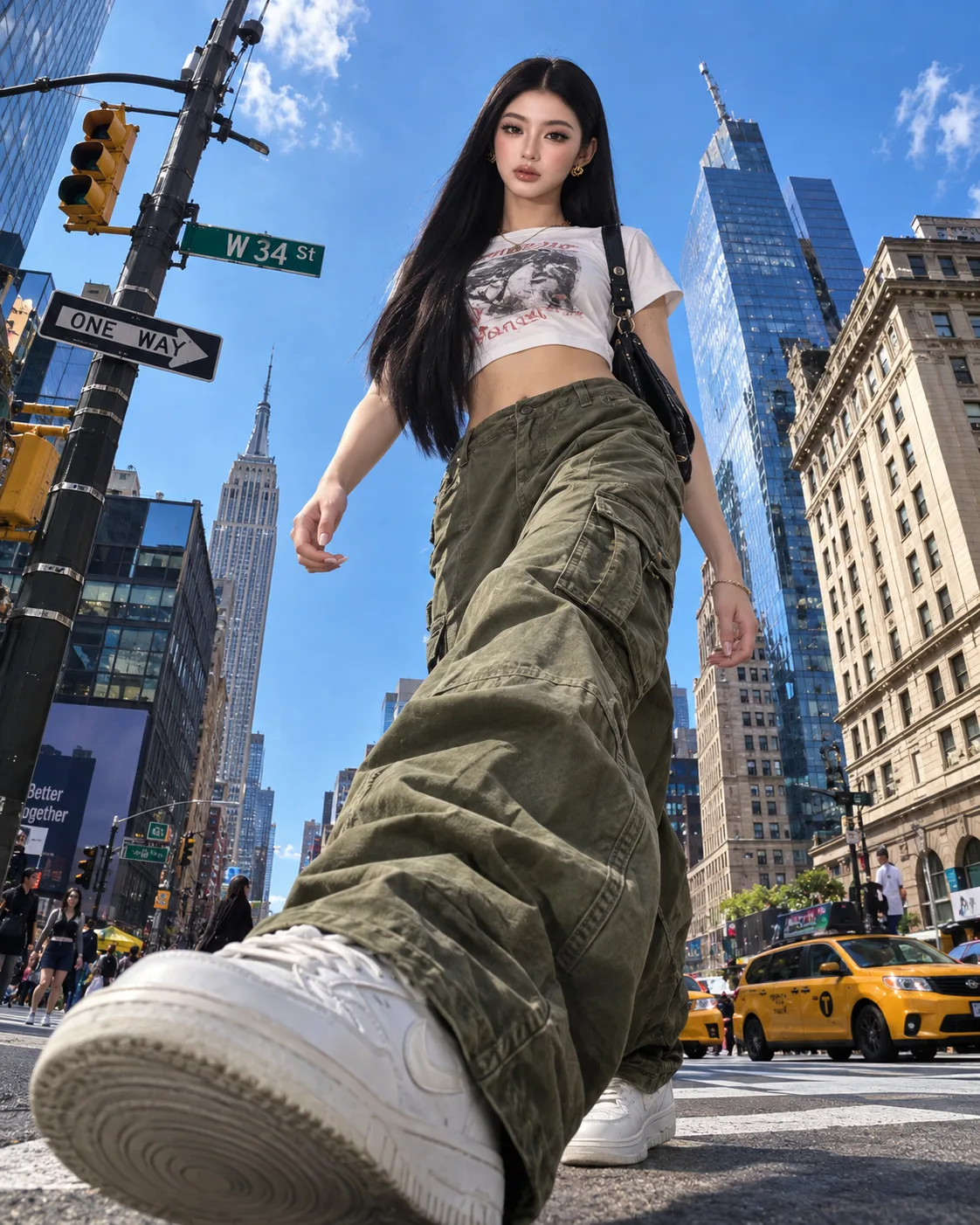 "Create a hyper-realistic, high-resolution fashion photo using a dramatic low-angle perspective.