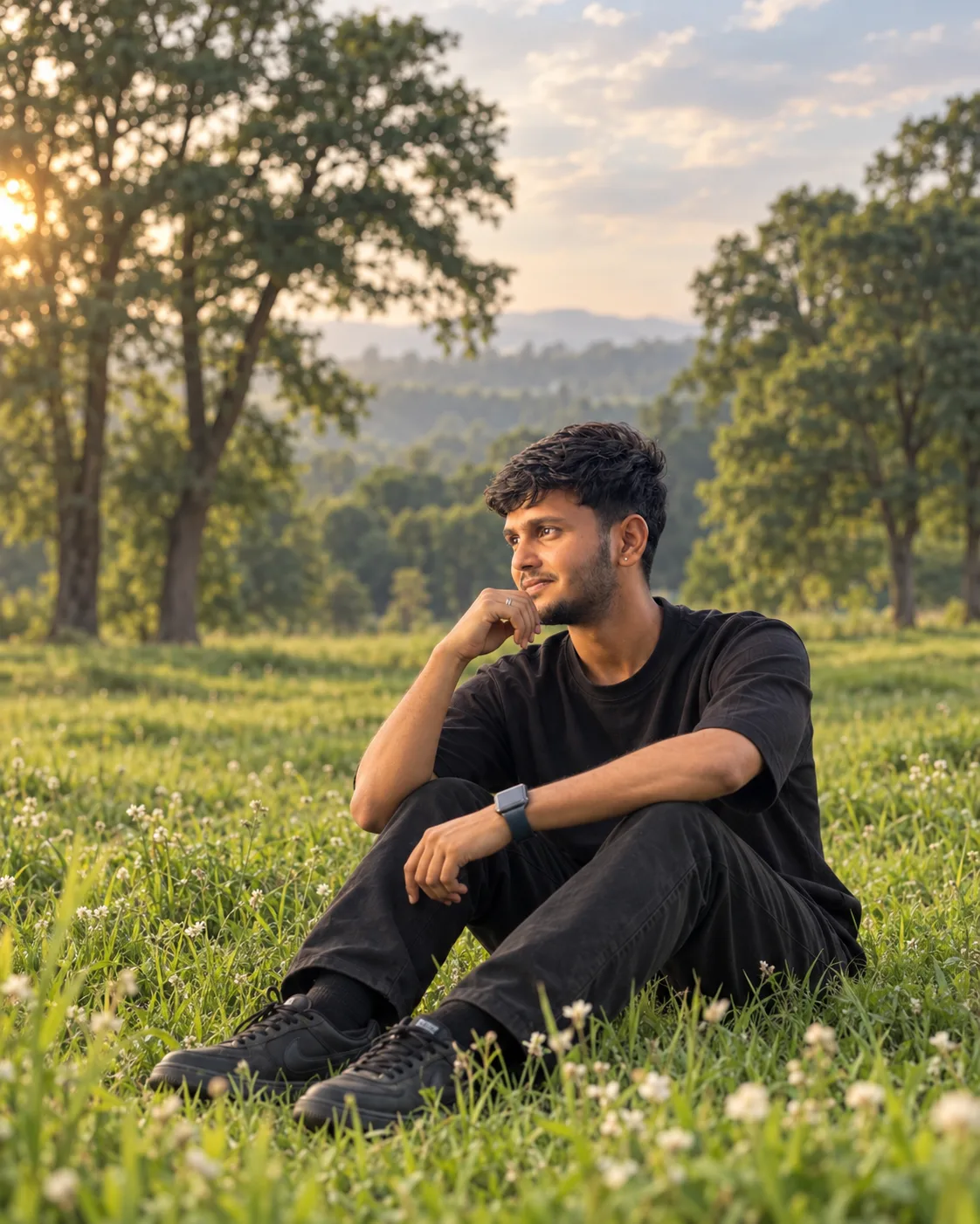πΈ Exact Image Generation Prompt Create an ultra-realistic cinematic outdoor portrait of a young adult South Asian man sitting alone in a