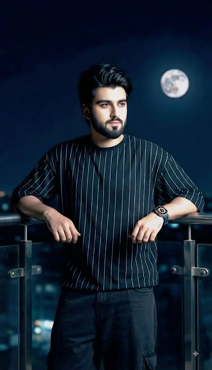 A high-quality, realistic cinematic portrait of a handsome young Pakistani man leaning casually against a modern glass balcony railing at