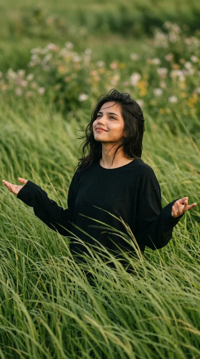 Create an image a cinematic editorial portrait of a man standing in a simple style , wind-swept green grass fields.