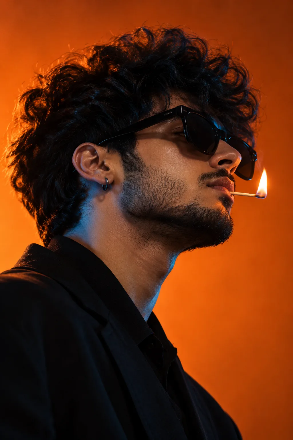 A cinematic, ultra-realistic close-up side-profile portrait of a stylish young man with messy, naturally curly black hair and a