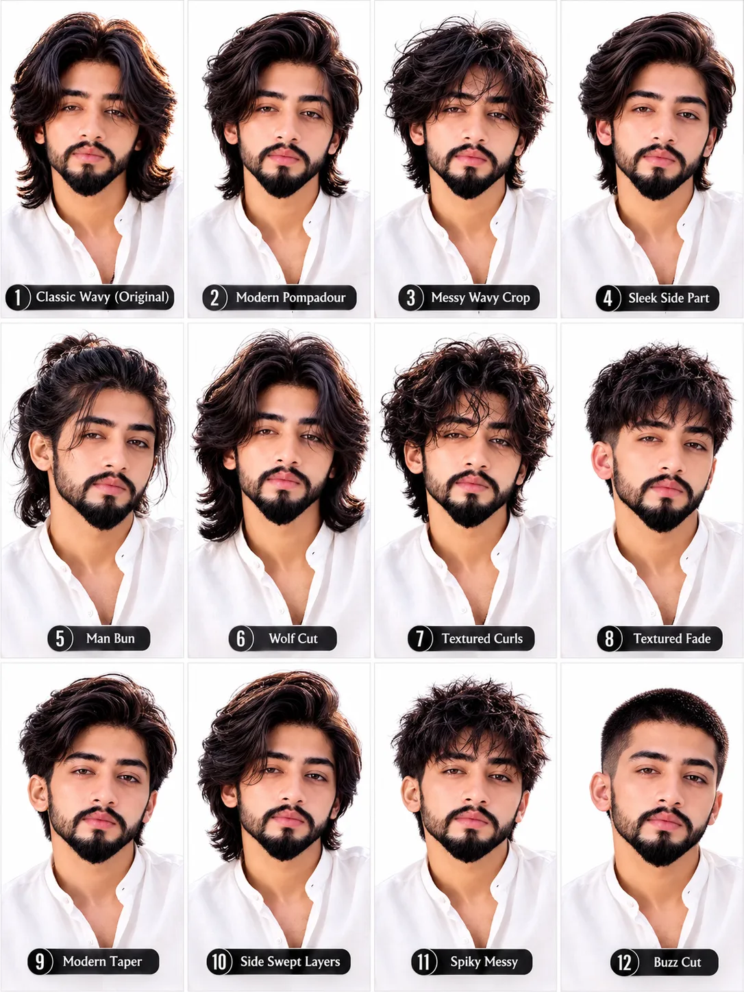 A 3x4 photo grid featuring twelve men's hairstyle and grooming options against a seamless bright white background.