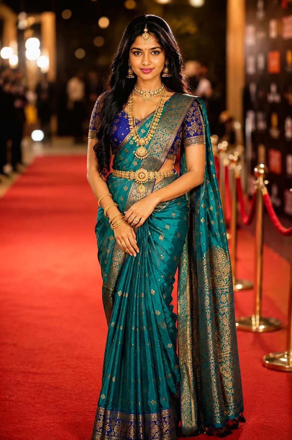 💚❣️Azhagi in traditional saree💐 Prompt 👇 A stunning young South Asian woman standing confidently on a luxurious red carpet, wearing an