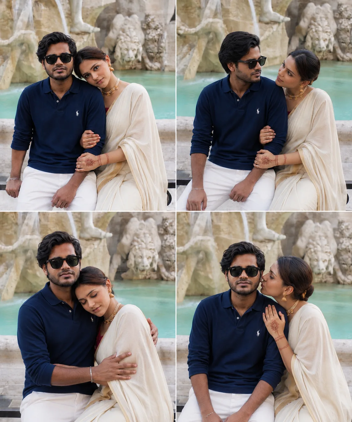 A romantic collage of four photos of a young Indian couple sitting closely together on the edge of a historic stone fountain with carved