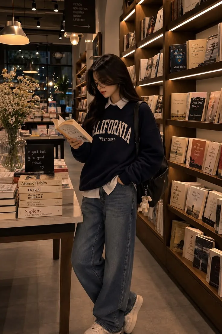 Create a highly photorealistic full-body lifestyle photograph of a fictional young adult woman standing inside a cozy, premium modern