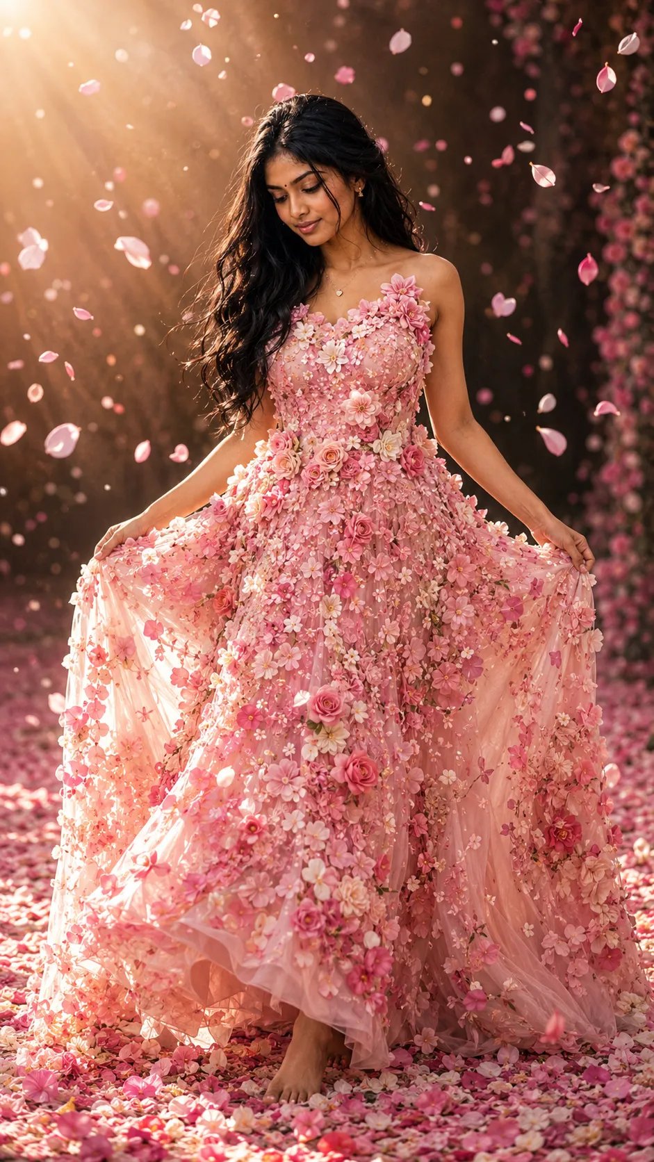 ✨ Cinderella 🌷🌷🌷 Real Floral gown Prompt: A dreamy cinematic portrait of a graceful young woman wearing an elegant floor-length gown