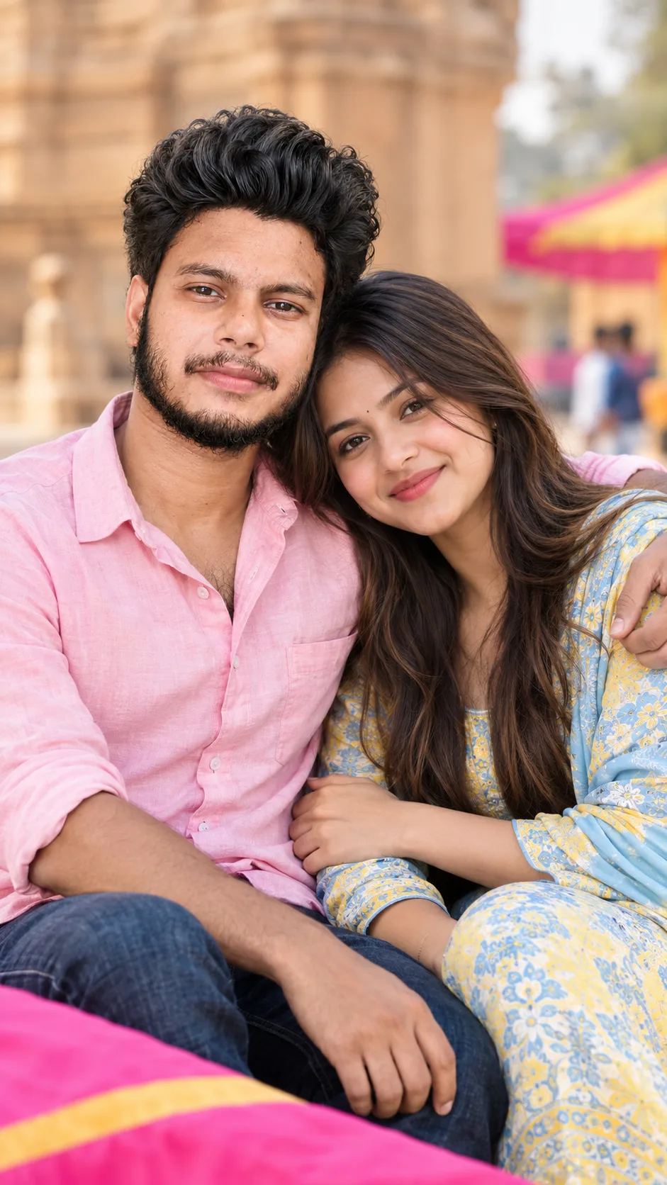 **Prompt:** A young Indian couple sitting closely together outdoors in natural daylight, the man with curly black hair and a short beard