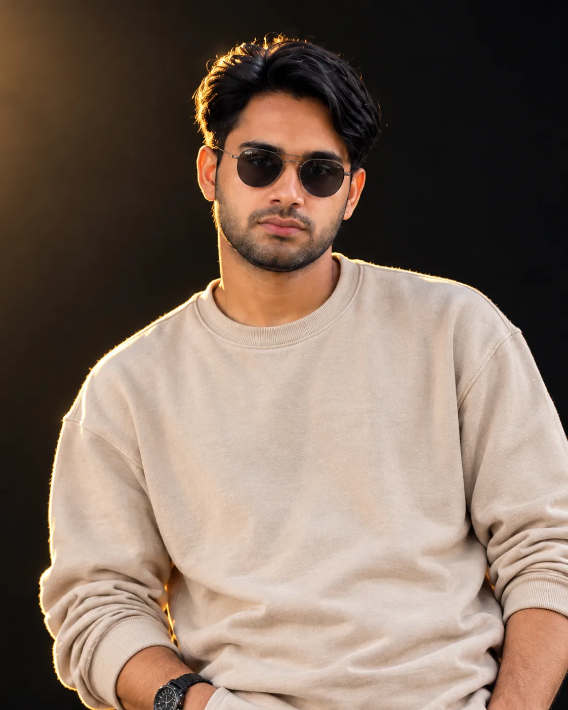 Ultra-realistic cinematic portrait of a young man with messy textured black hair, light beard, round black sunglasses, and a beige