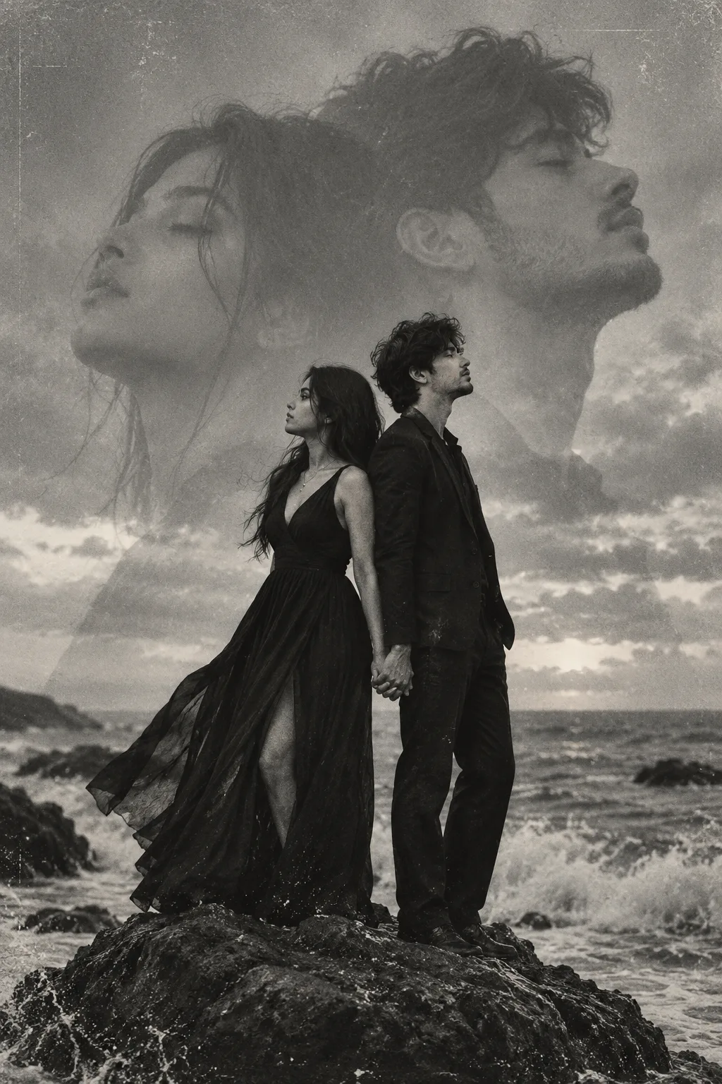 Black and white double exposure portrait.