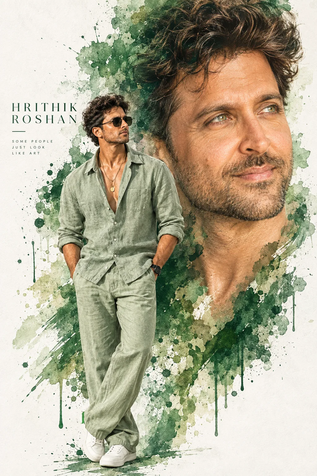 A artistic double exposure poster of handsome Indian actor Hrithik Roshan, featuring two perspectives fused together.