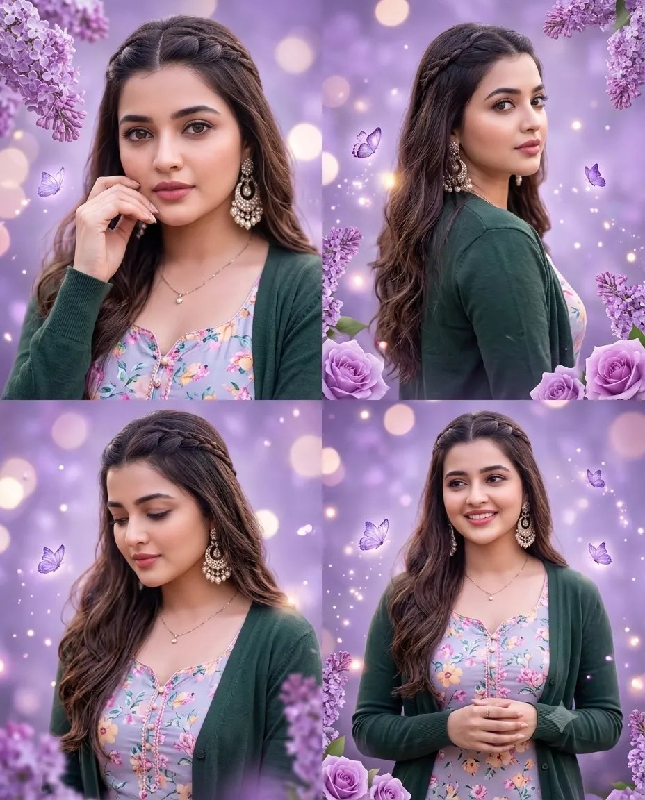 Ultra realistic vertical collage poster, dreamy purple-lavender aesthetic background with soft bokeh lights, lilac flower clusters,