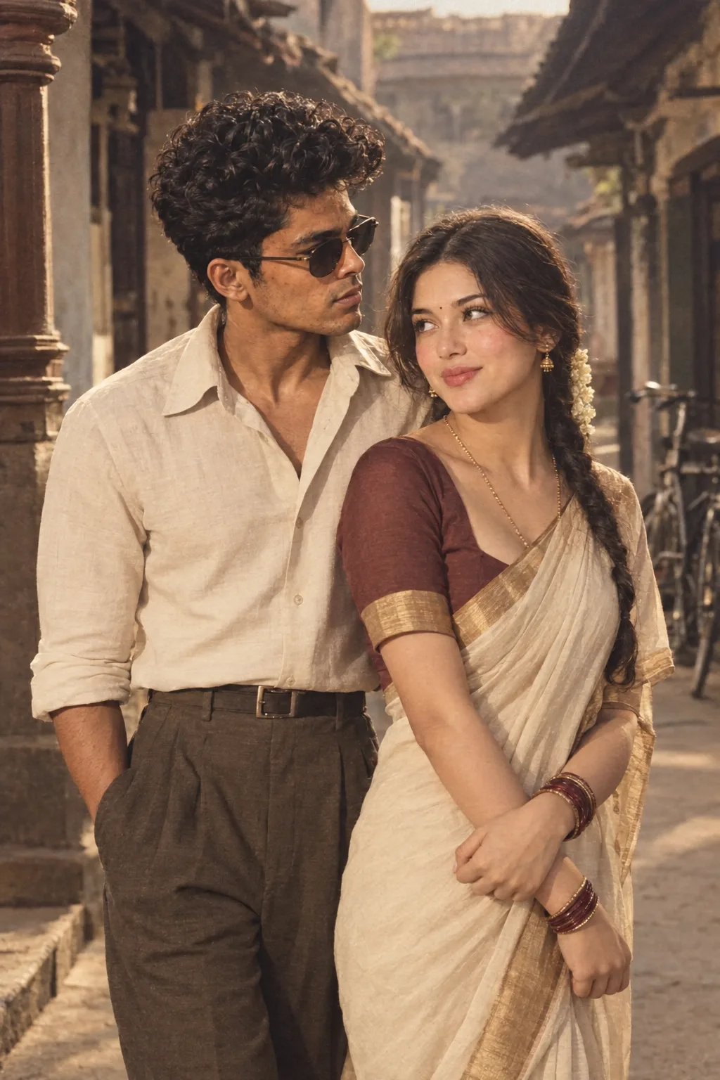 Create an ultra-realistic cinematic romantic photograph of a young South Indian couple in the 1950s, using the uploaded reference images as