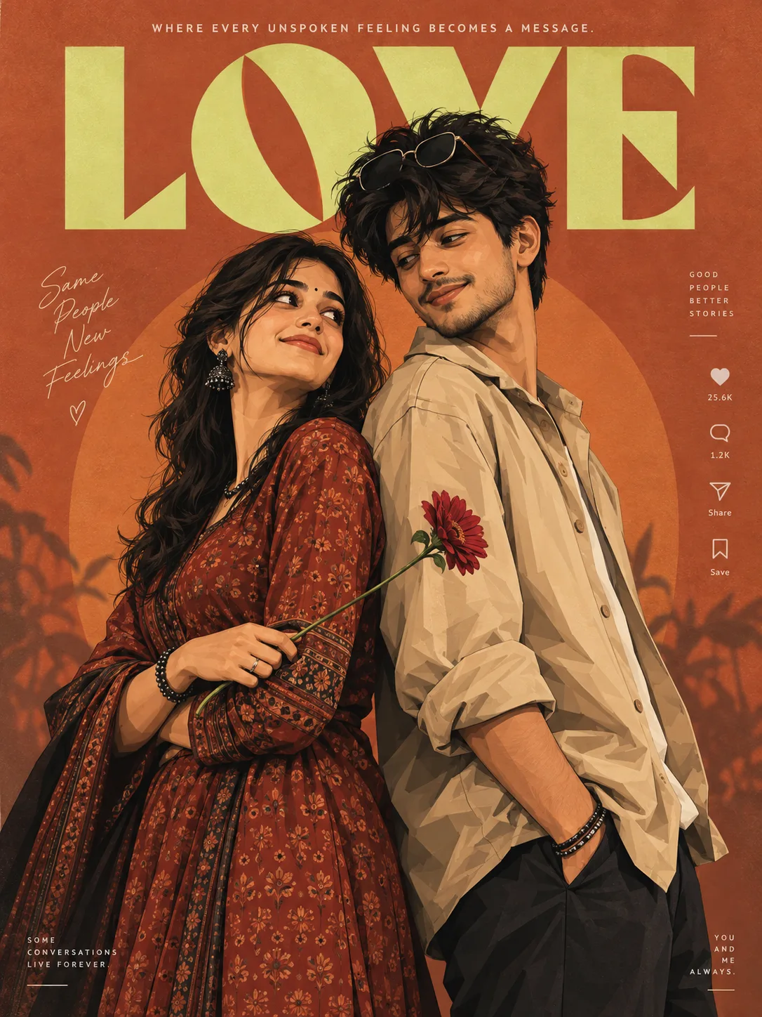 Create a romantic illustrated poster in modern digital vector art style, warm terracotta-orange background with subtle paper texture.
