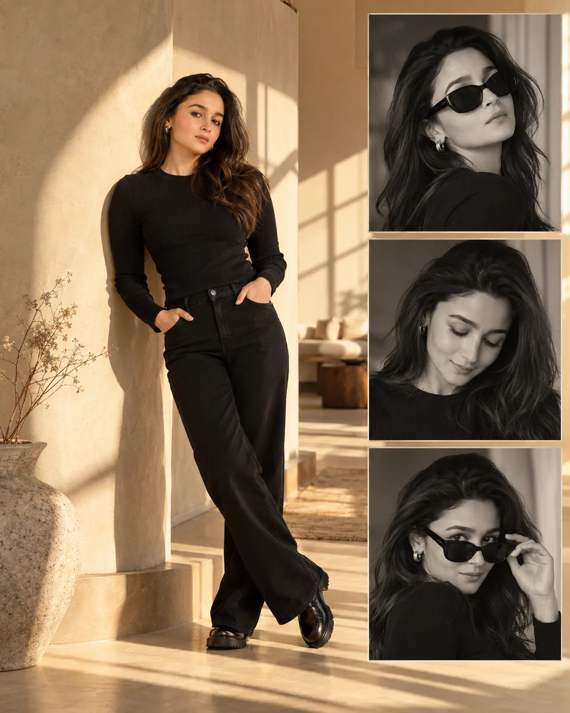 Create a premium ultra-realistic vertical 4:5 fashion portrait collage in a warm minimalist interior.