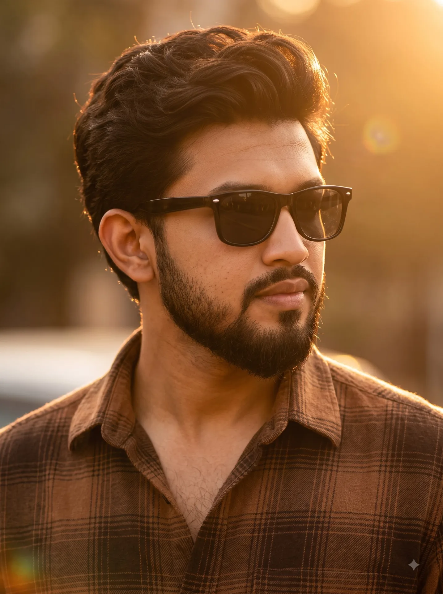 Transform the same reference image as stylish young man with thick wavy dark hair, a well-groomed trimmed beard, and black rectangular