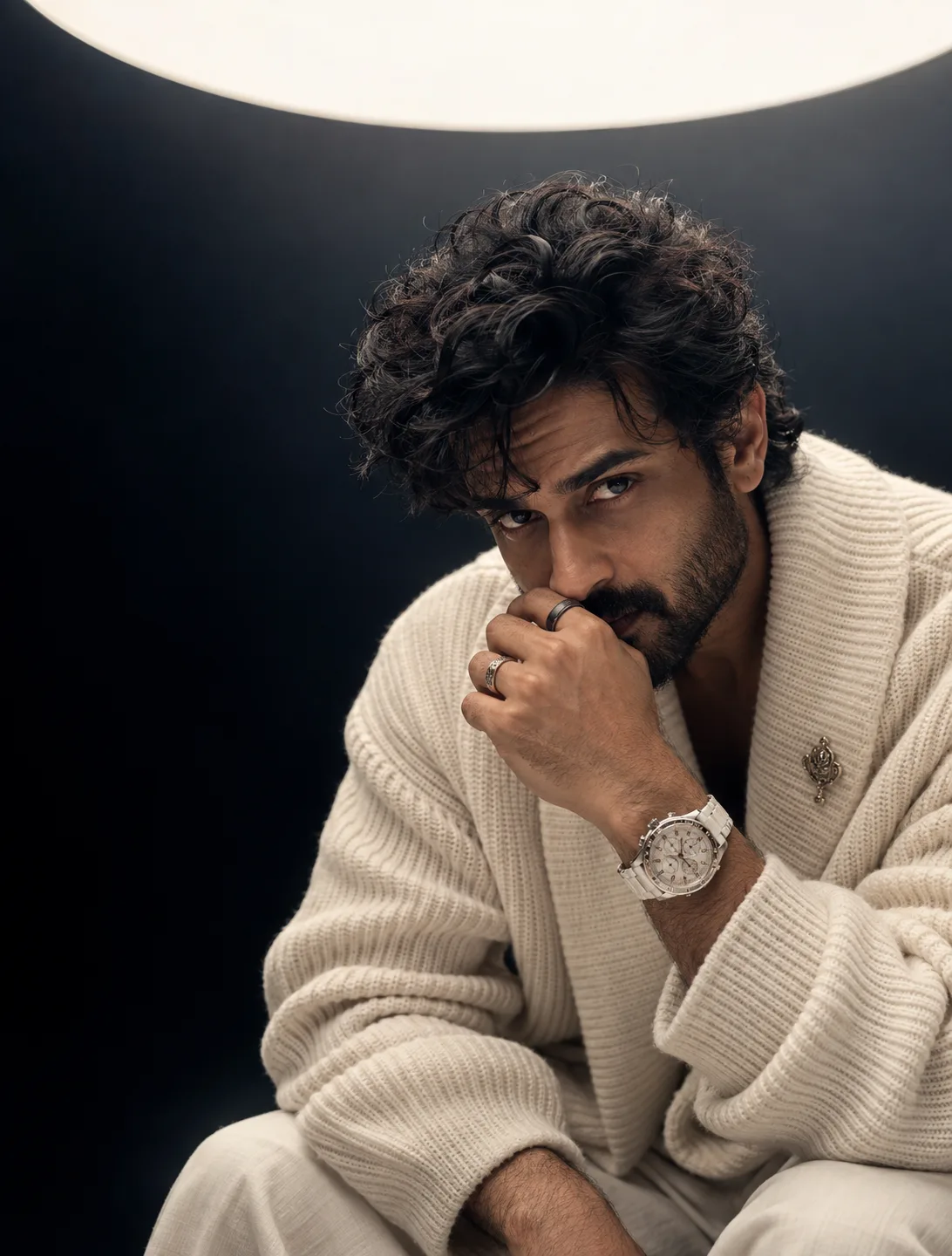 CREATE AN ULTRA-REALISTIC CINEMATIC LUXURY FASHION EDITORIAL PORTRAIT OF A HANDSOME SOUTH INDIAN MAN IN HIS LATE THIRTIES, PHOTOGRAPHED IN