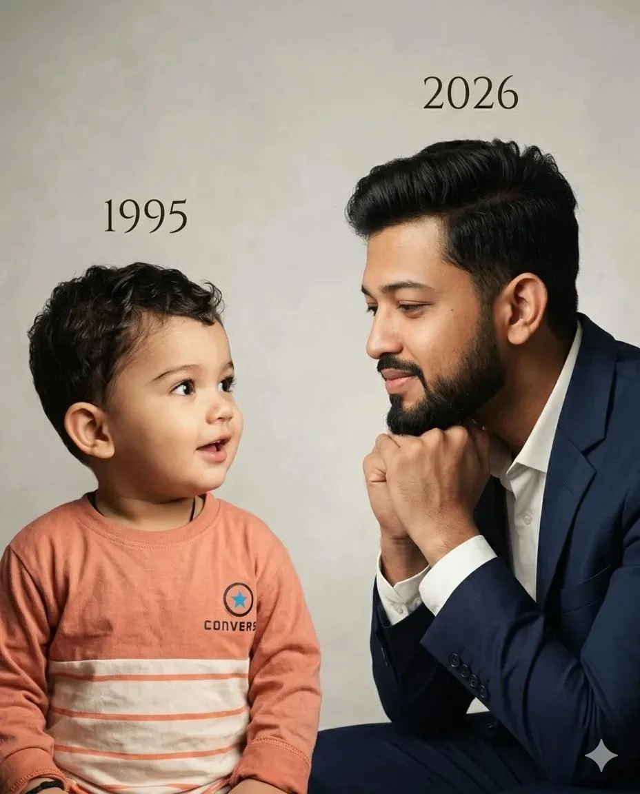 On the left: a child version of me looking with an innocent smile to the right, with 1995 written above On the right: A present version of