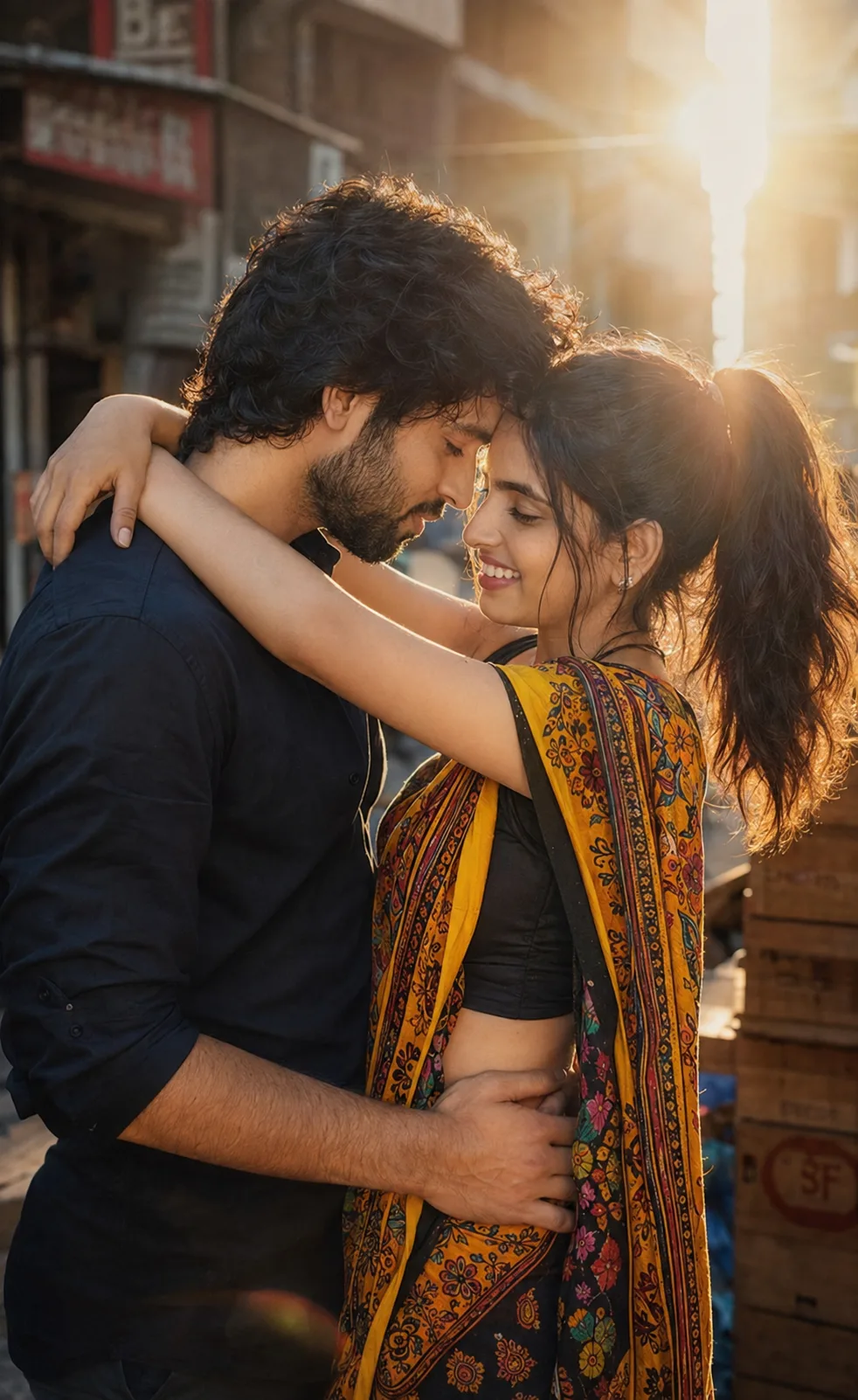 Ultra-realistic cinematic photograph of a young South Asian couple sharing an intimate romantic moment on an urban city street during