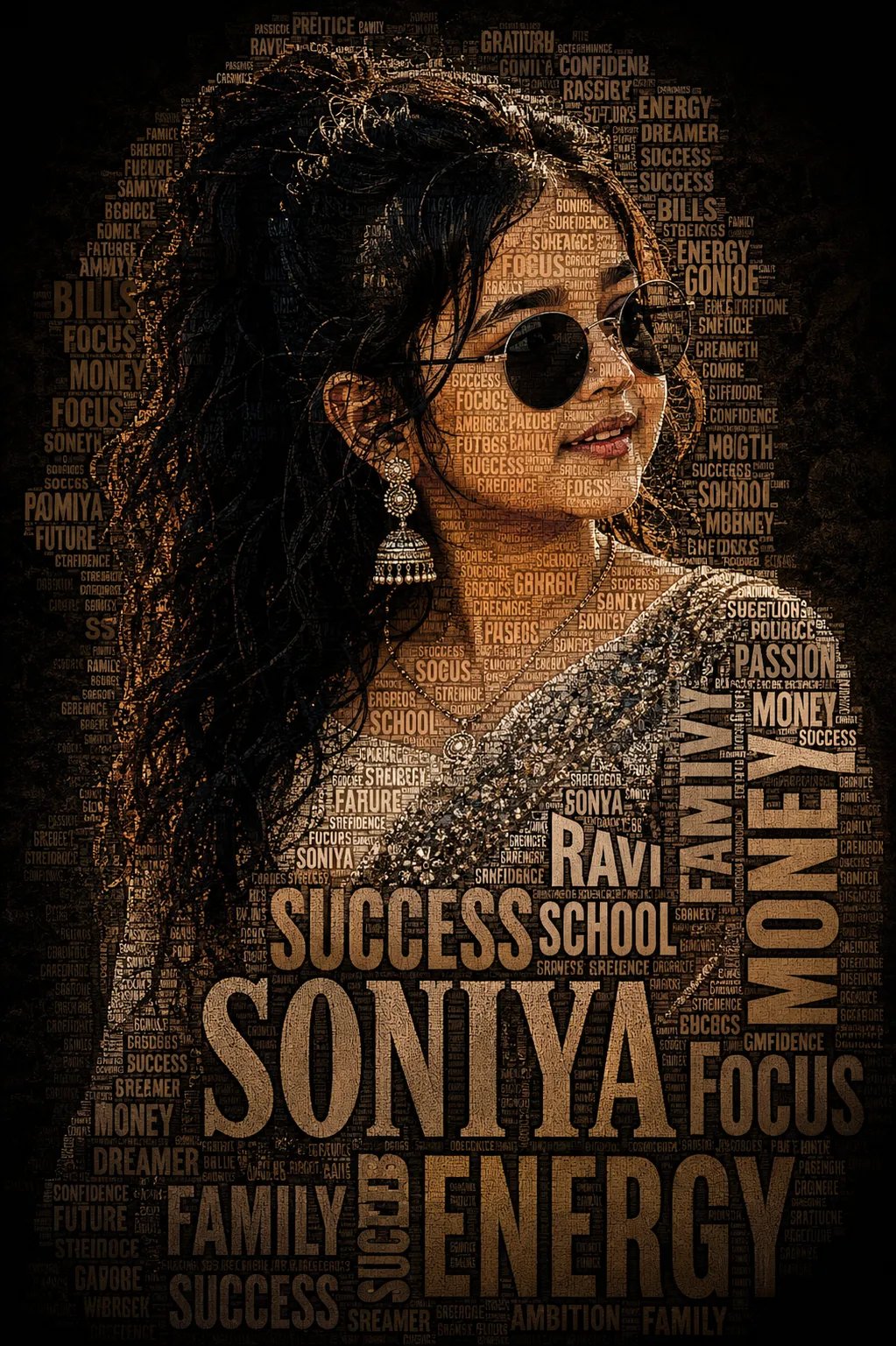 A striking typographic portrait of a young woman with a thoughtful, three-quarters gaze, completely rendered using a text-mosaic and