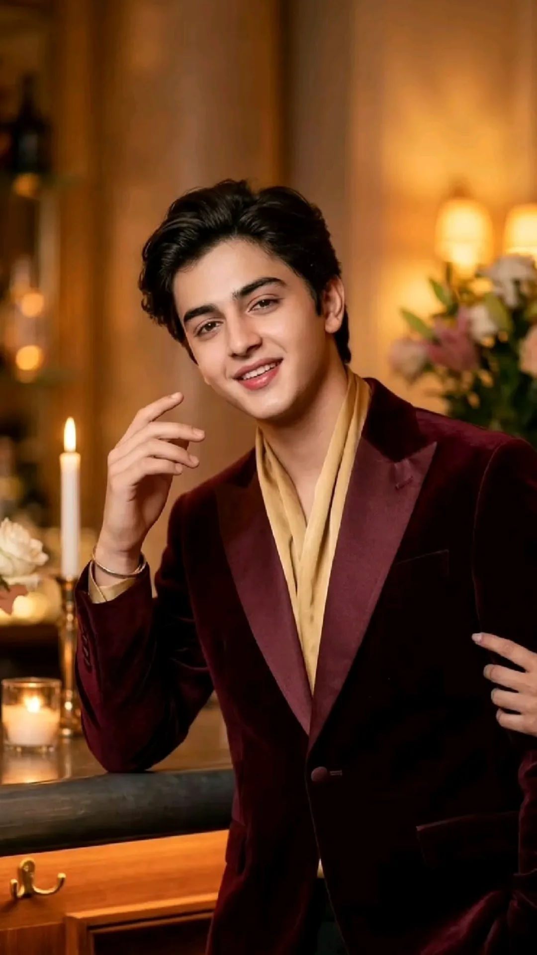 A high-quality, realistic cinematic portrait of a handsome young South Asian man smiling warmly at a luxury evening event.