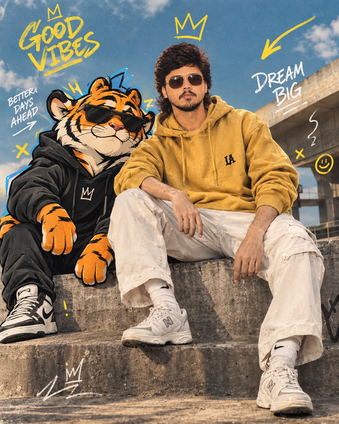 Create a full-body high-fashion editorial photograph of a confident young subject sitting casually on a concrete ledge.