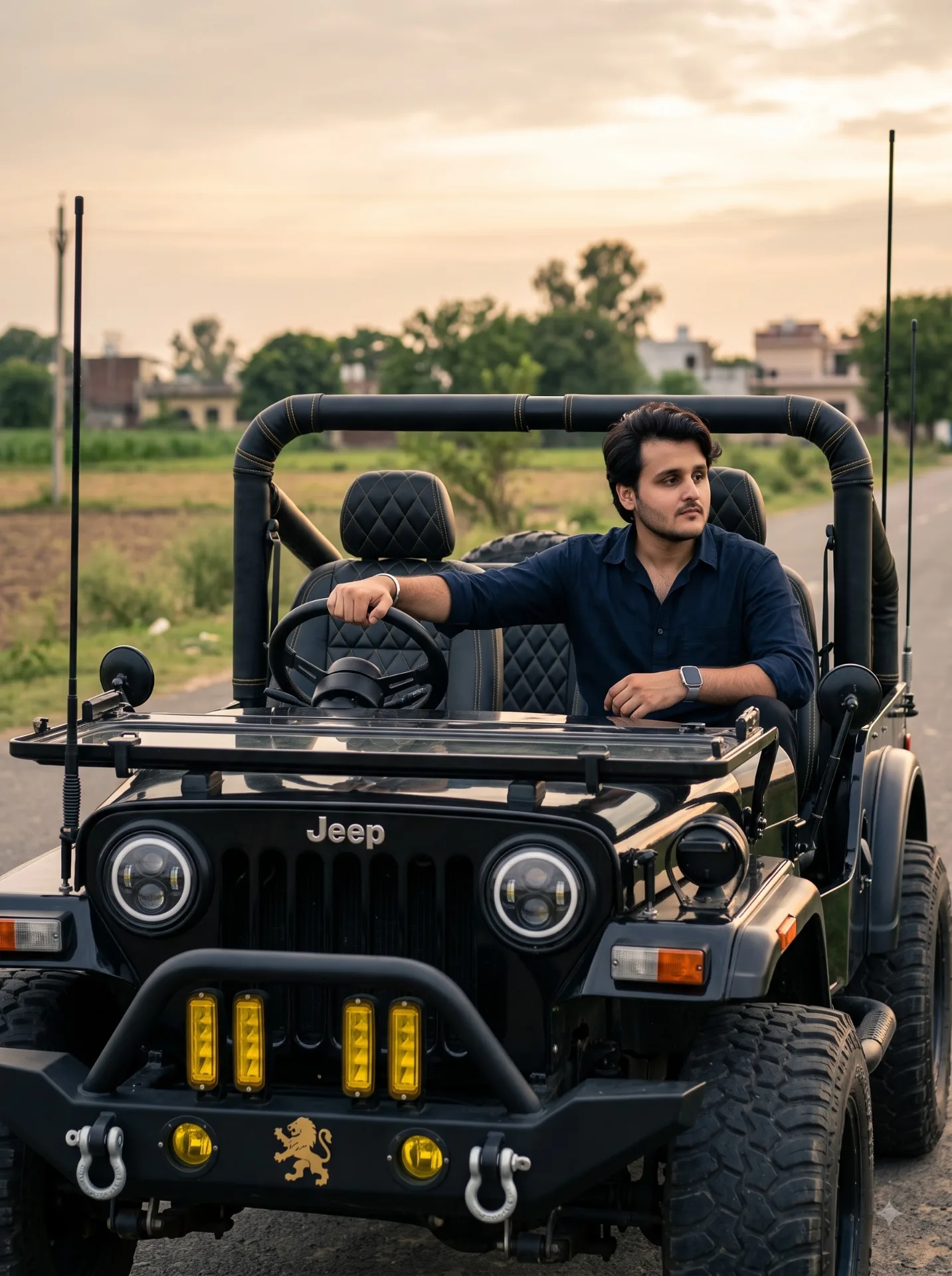 Photorealistic front-facing eye-level shot of a young South Asian man in his mid-20s with stylish black hair and light beard, wearing a