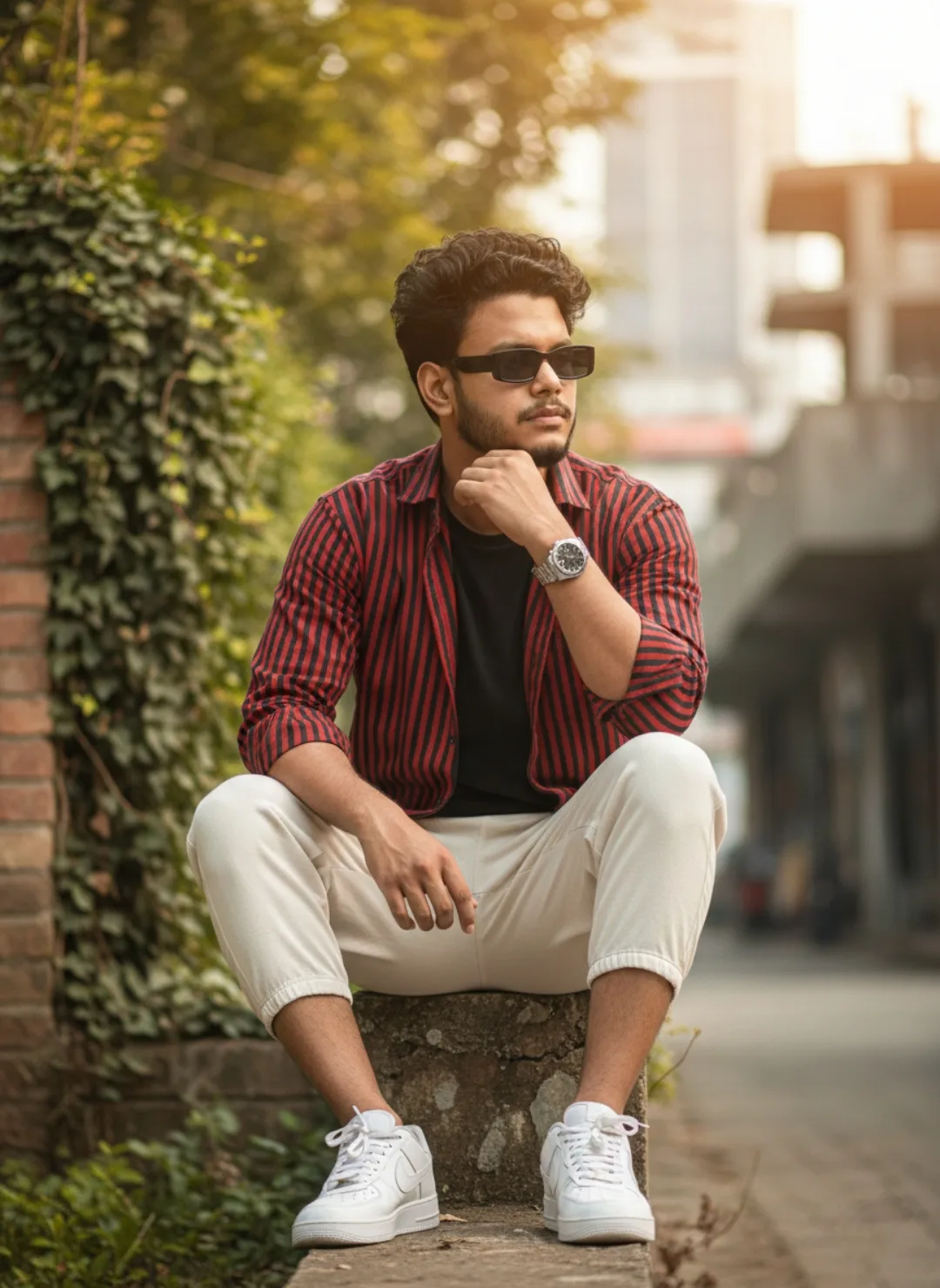 A hyper-realistic cinematic portrait of a 26-year-old south Asian man with a well-groomed beard and curly hair, sitting casually on a low