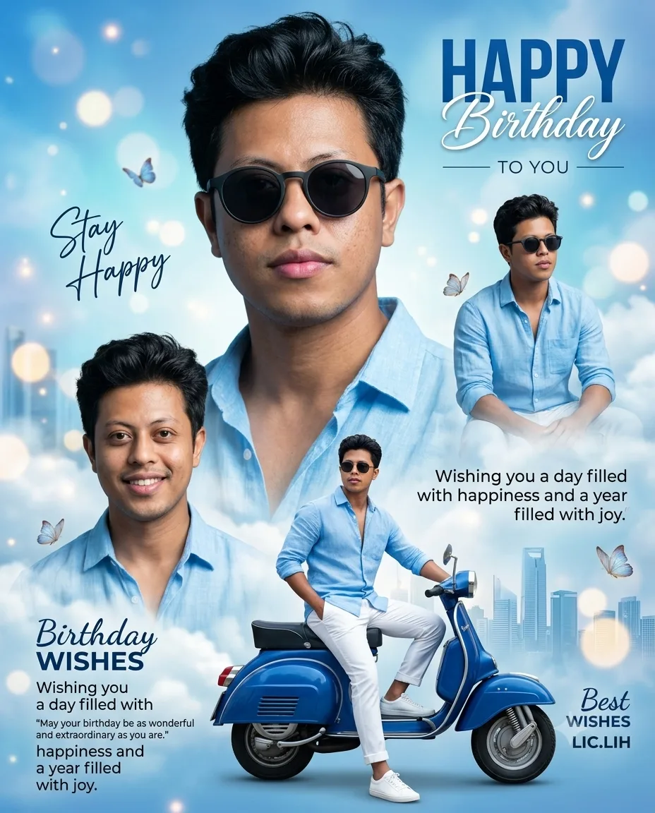 A premium cinematic luxury birthday poster in a dreamy blue aesthetic with a high-end fashion editorial collage composition.