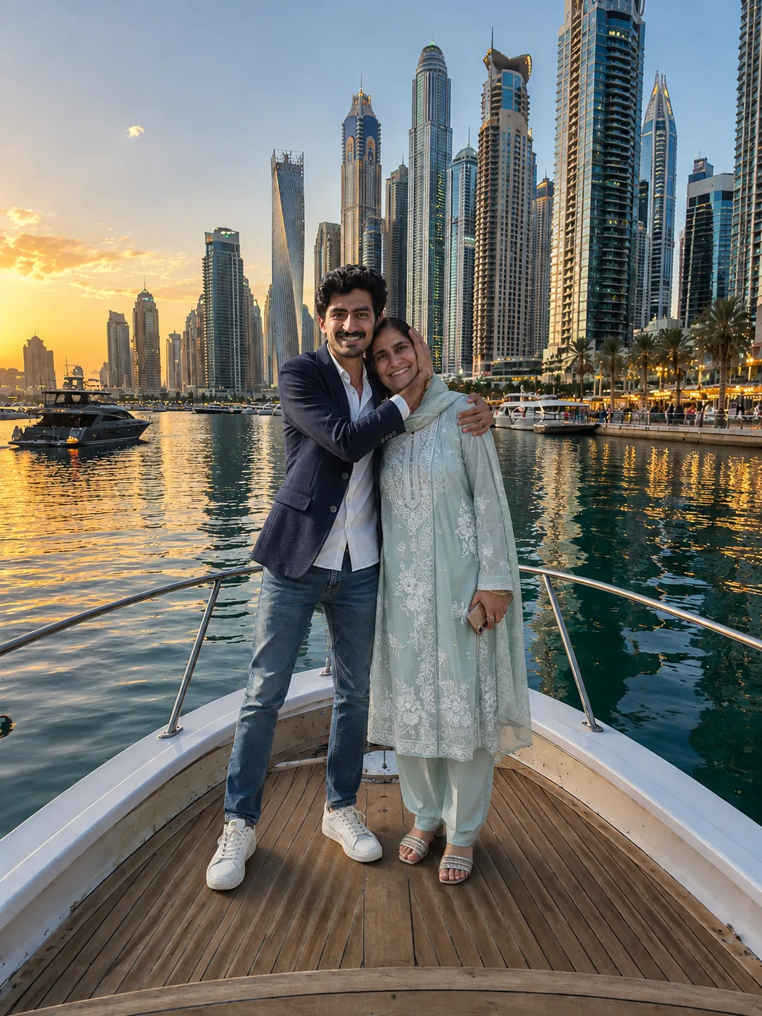 Create a photorealistic luxury travel photograph of a South Asian mother and adult son standing together on the front deck of a private