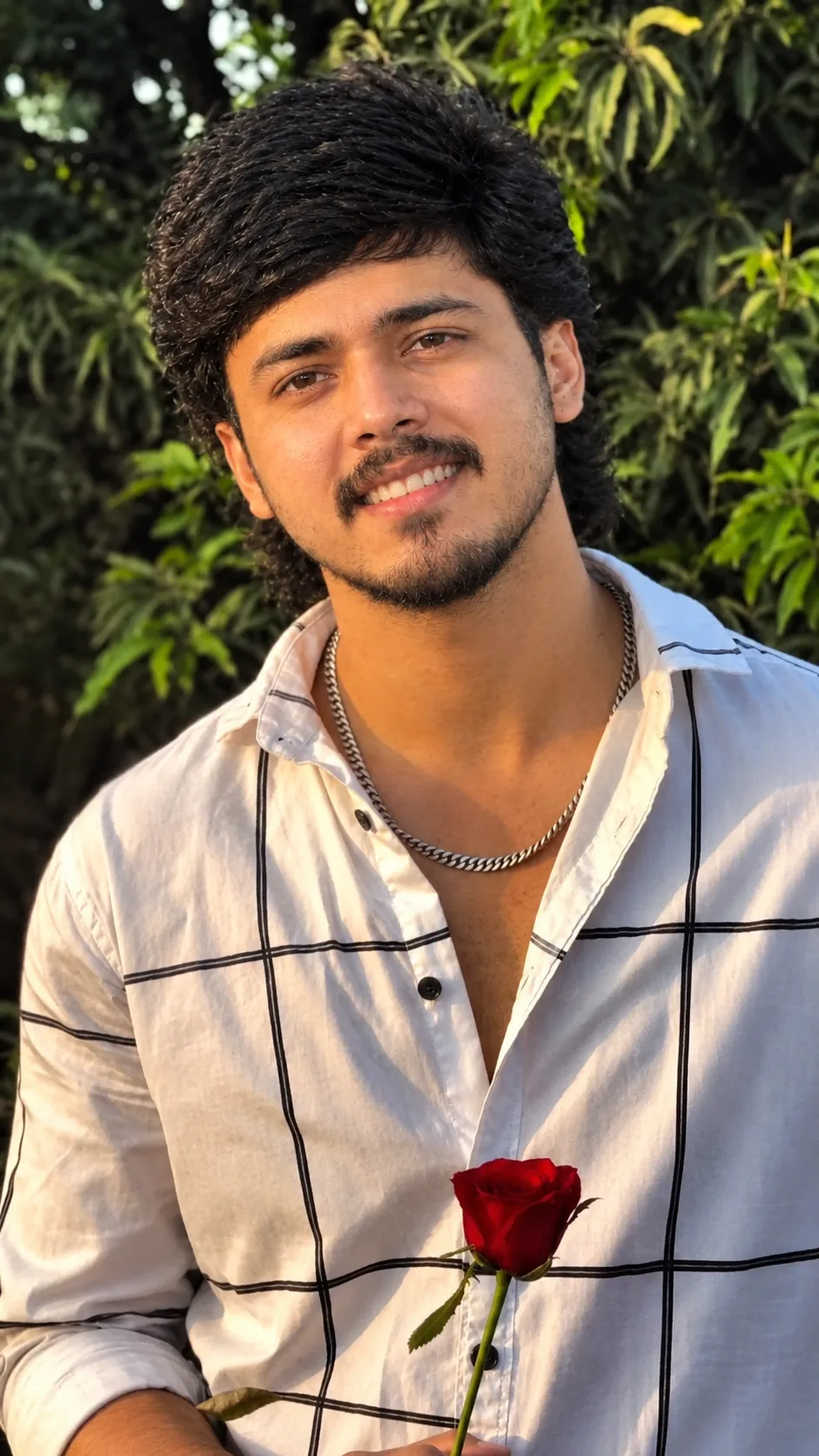Create an ultra-realistic, high-resolution DSLR portrait of a young South Asian man standing outdoors in warm golden-hour sunlight.