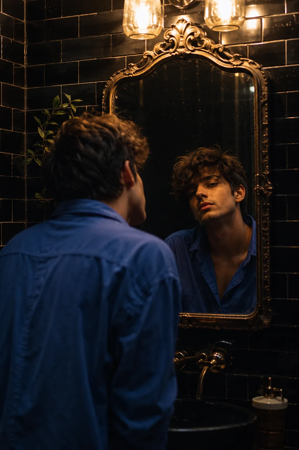 A cinematic over-the-shoulder portrait of a young man wearing an oversized royal-blue button-up shirt, standing with his back facing the