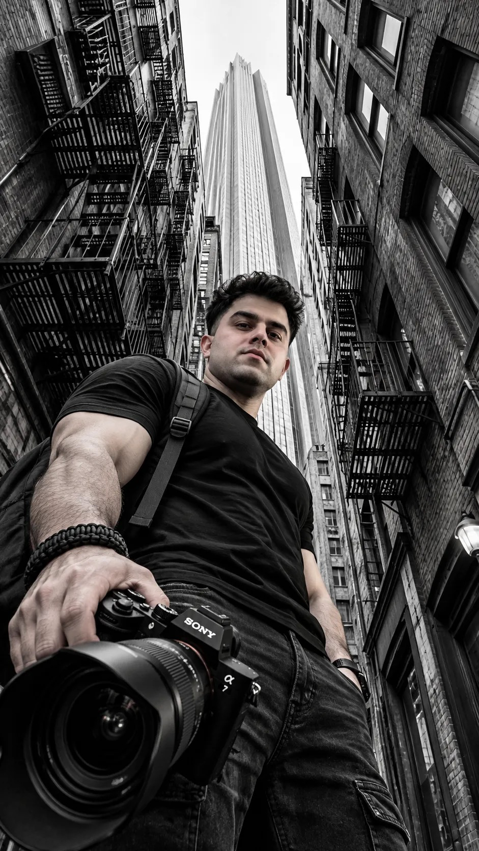 An extreme low-angle worm's-eye perspective street photograph of a muscular male(refrence of given image)photographer standing in a tight