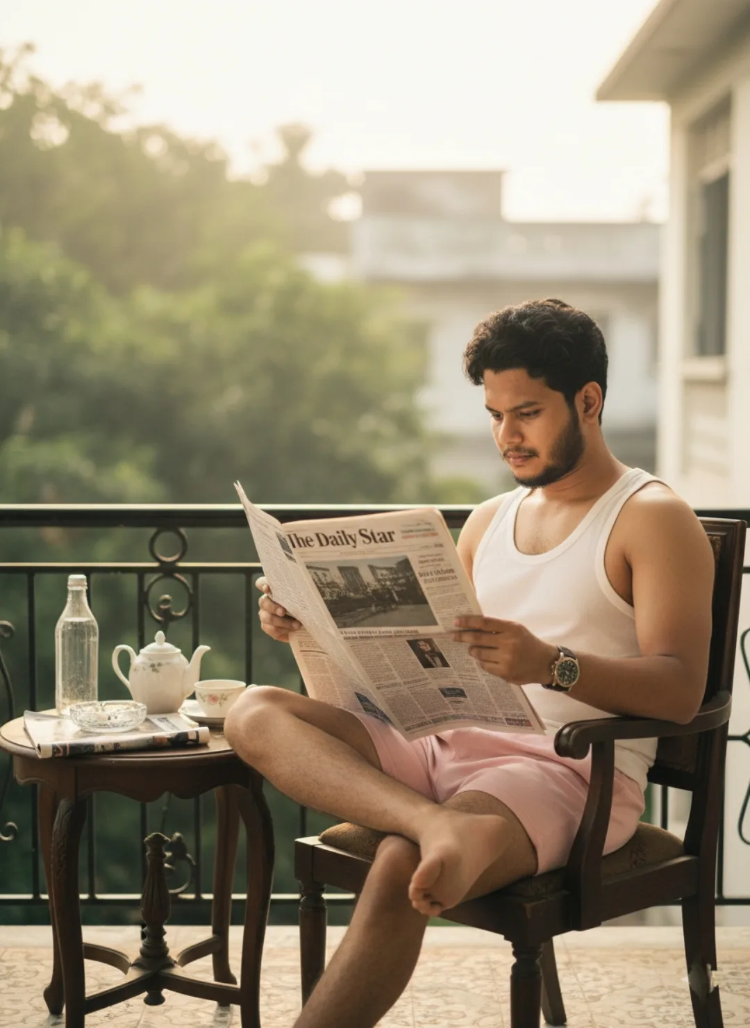A young man sitting on a wooden balcony chair, casually reading a newspaper titled "The Daily Star." He is dressed in a white sleeveless