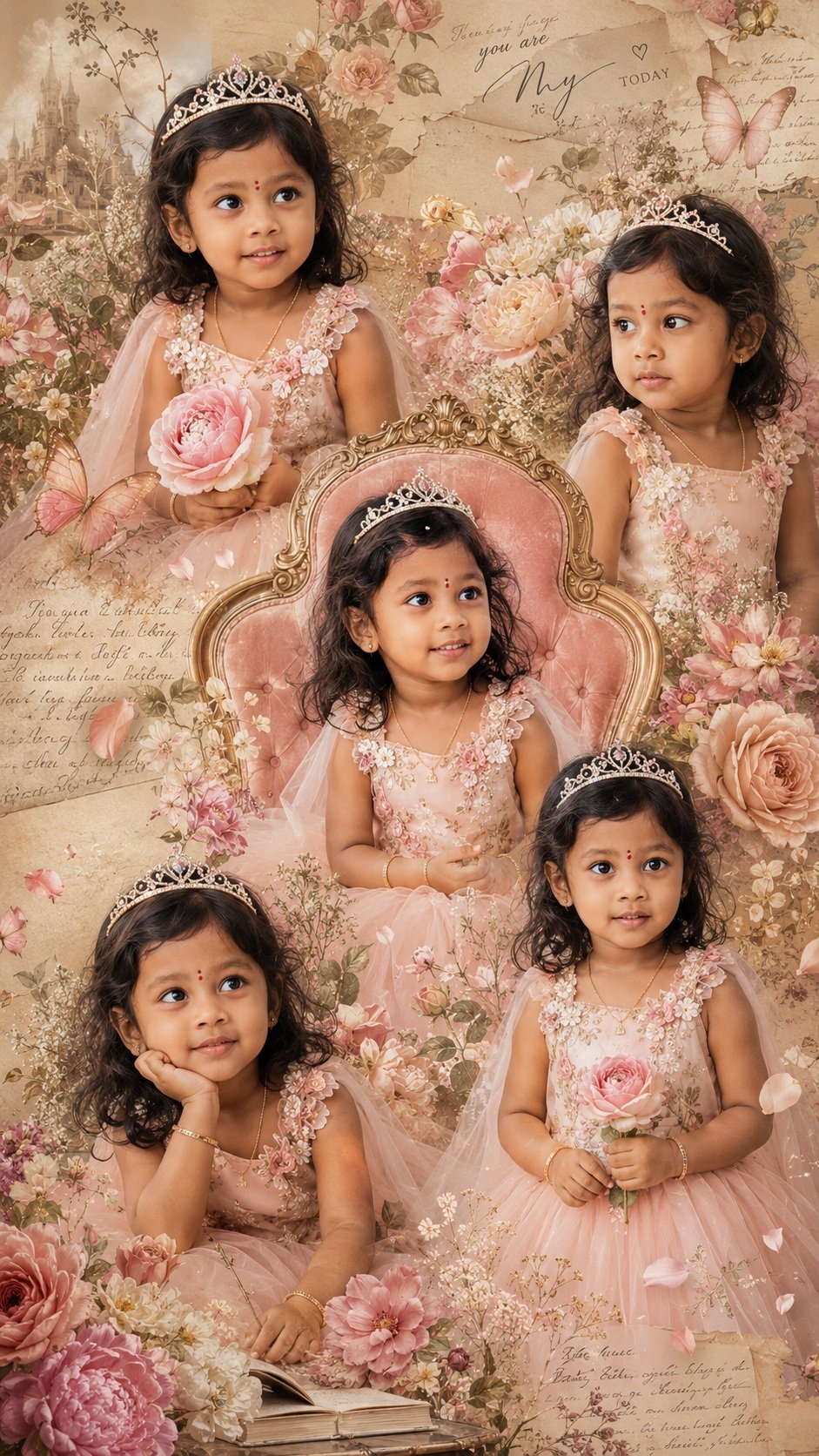 Ultra-realistic luxury princess floral collage of the same adorable 3-year-old Indian baby girl with soft curly black hair, chubby cheeks,