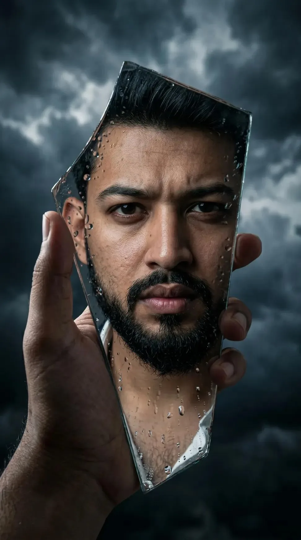 Prompt 👇👇👇👇👇 Ultra realistic cinematic portrait of a handsome Indian man reflected in a broken mirror shard held by a hand, intense