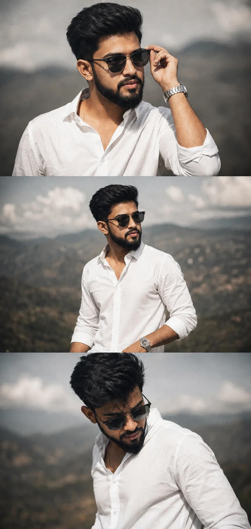 A high-contrast cinematic triptych consisting of three vertical rectangular frames stacked vertically in a single image.