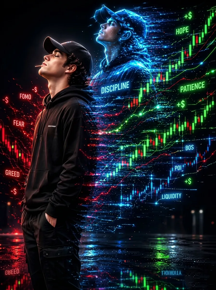 A cinematic double exposure profile portrait of a young male trader wearing a black hoodie and a baseball cap.