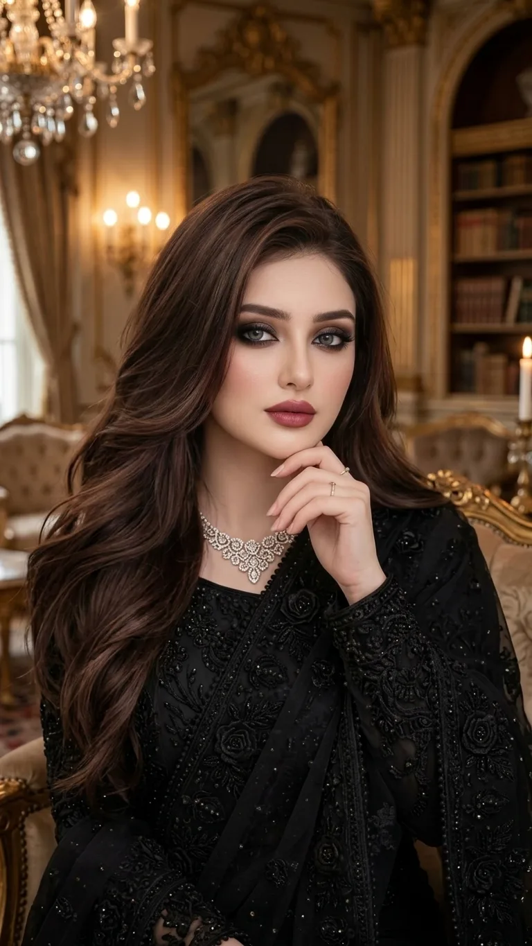 **Prompt:** A high-definition portrait photograph of a beautiful woman with long, voluminous, dark brown hair styled in soft waves.
