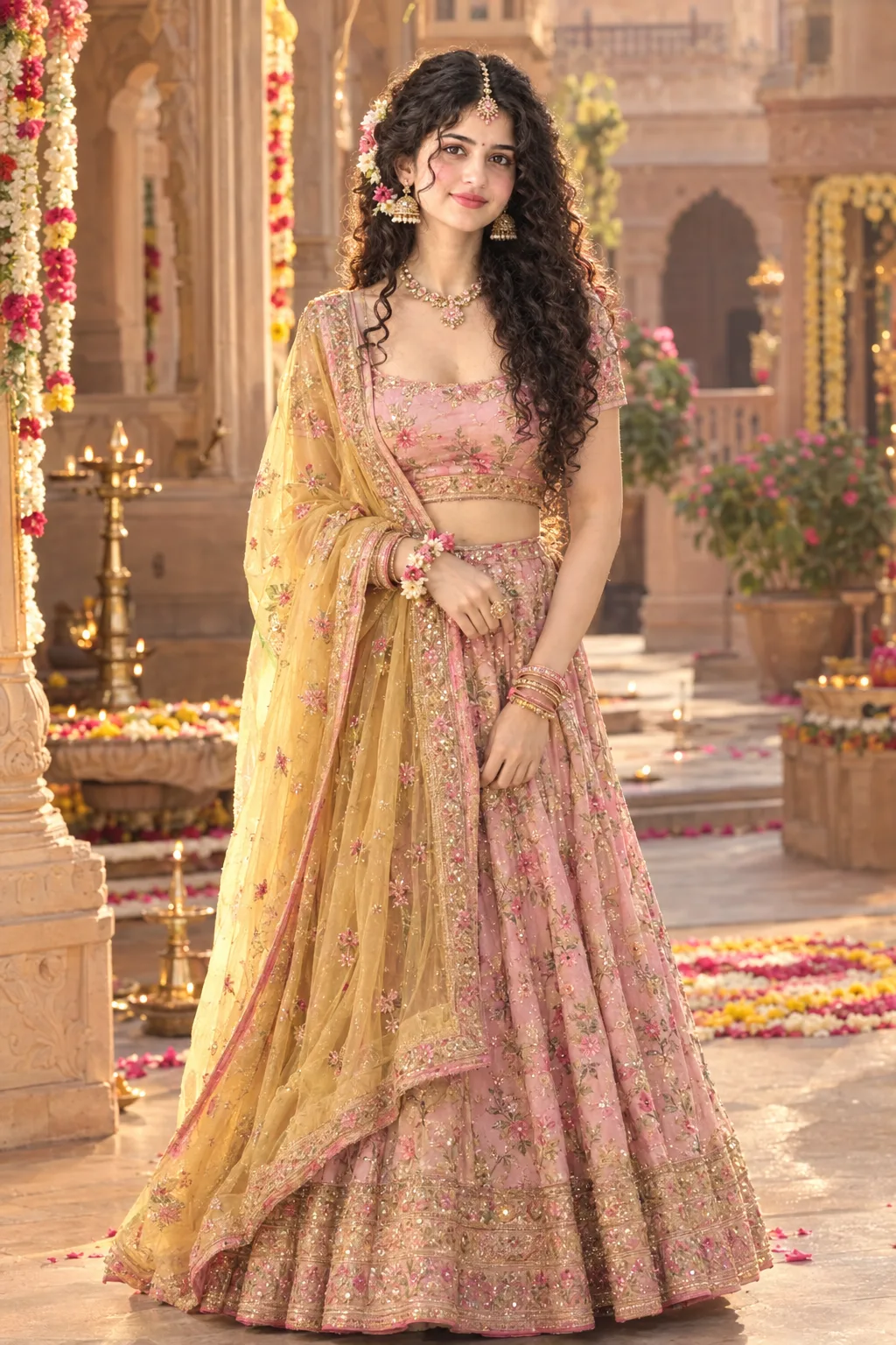 Create an ultra-photorealistic, premium Indian festive fashion portrait of a beautiful 20-year-old adult woman celebrating Radha Ashtami,
