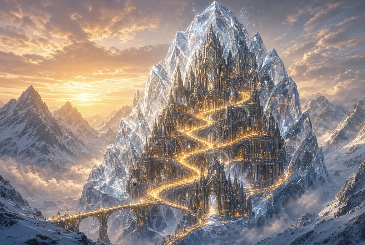 Majestic palace carved into a gigantic transparent crystal mountain, intricate futuristic architecture, glowing pathways winding through