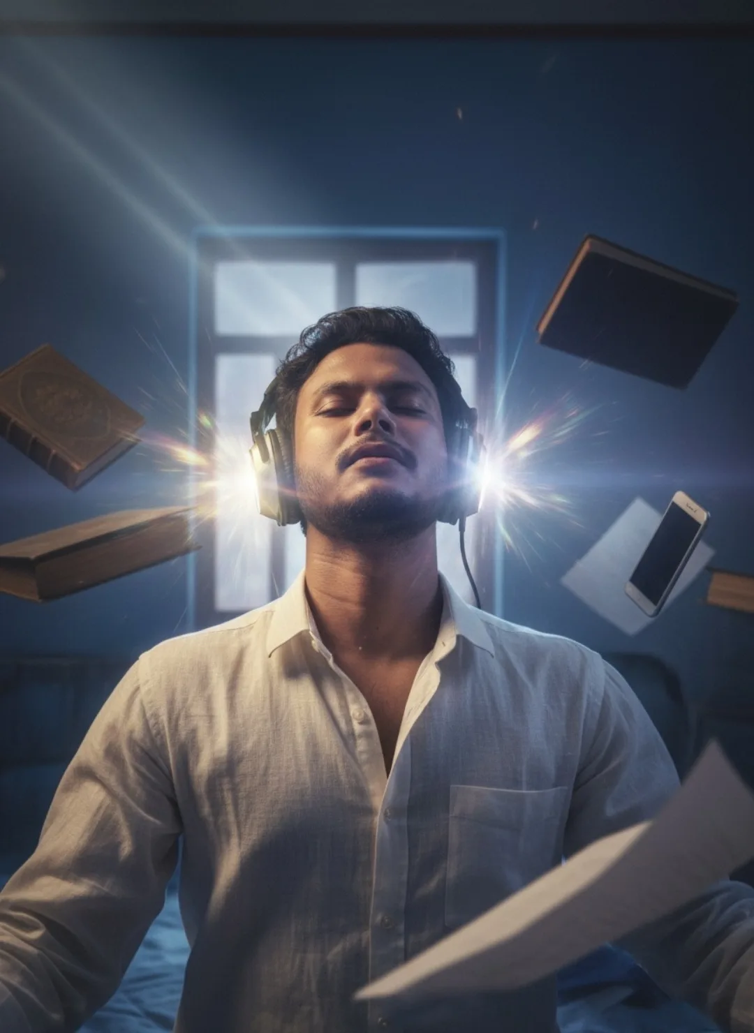A cinematic close-up portrait of a young South Asian man with wavy black hair and light stubble, eyes gently closed in deep concentration,