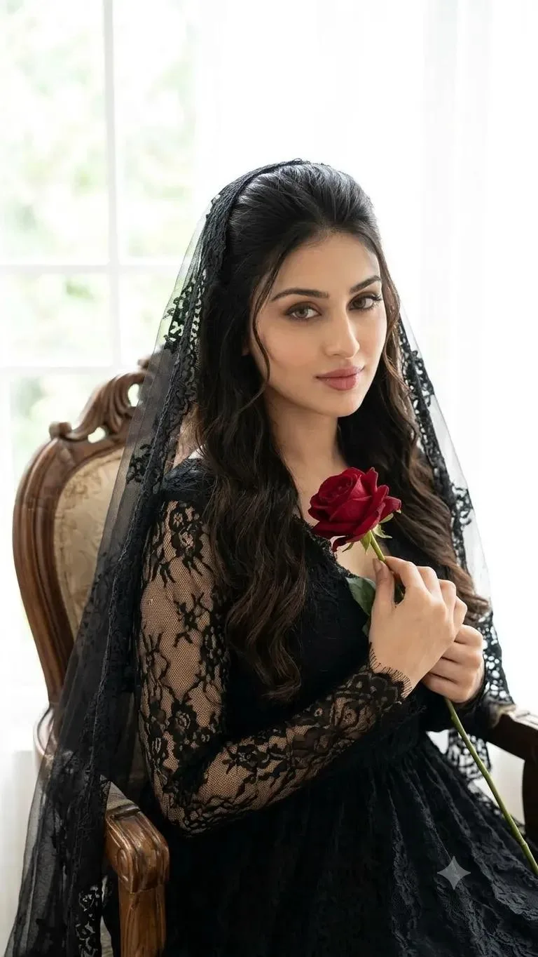 A beautiful woman with long wavy dark hair bride bun wearing an elegant black lace bridal outfit and a matching.
