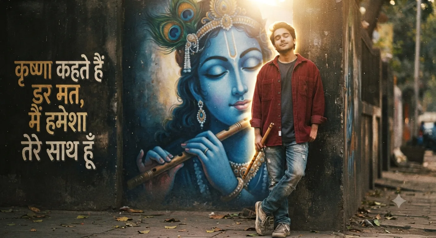 Prompt A cinematic, full-length day portrait of a with young South Asian man closed eyes and hold fluat in hand, wearing an oversized dark