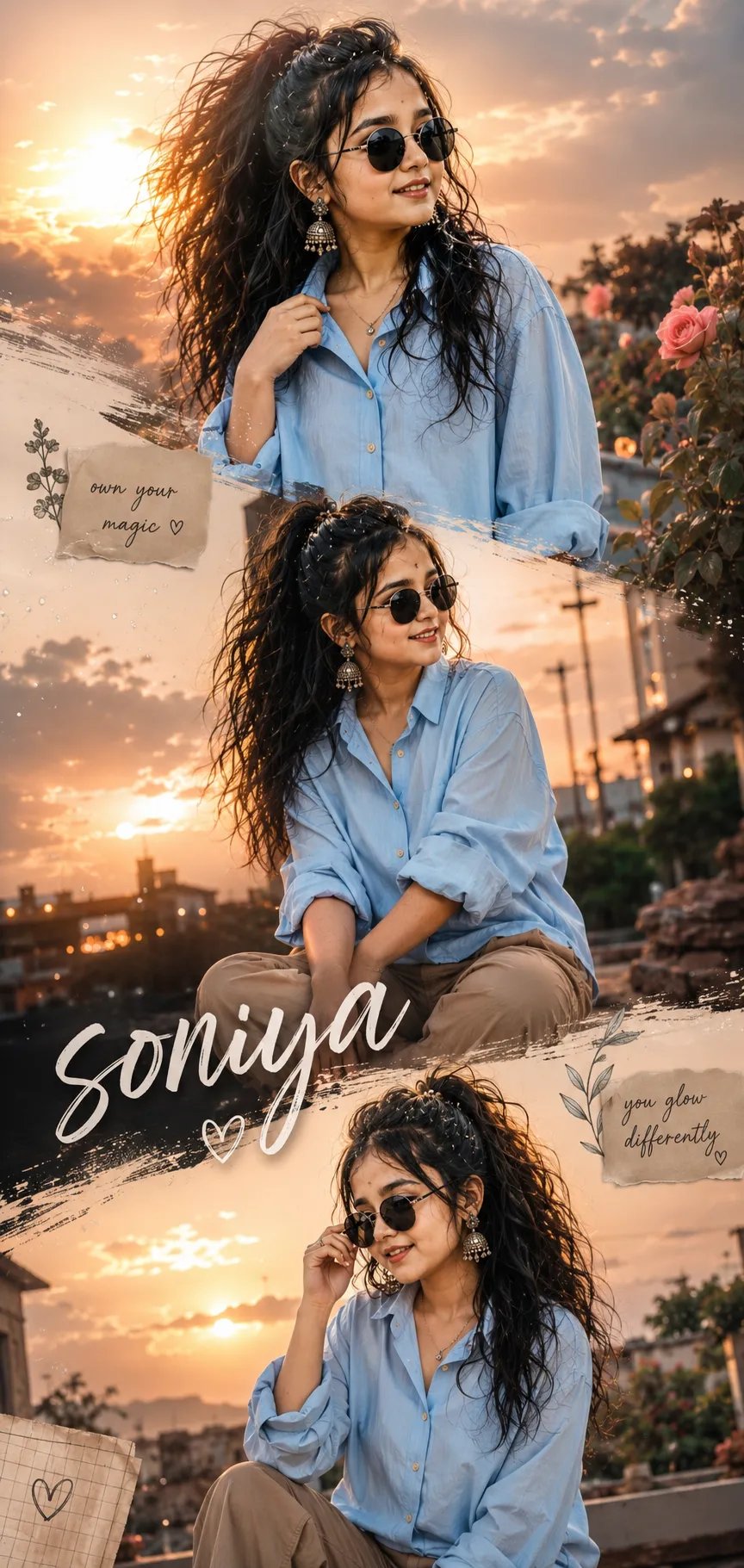 ▓▓▓ A trendy vertical aesthetic collage poster featuring the same young 19-year-old South Asian woman with dark curly/@uk_ravi_hr wavy
